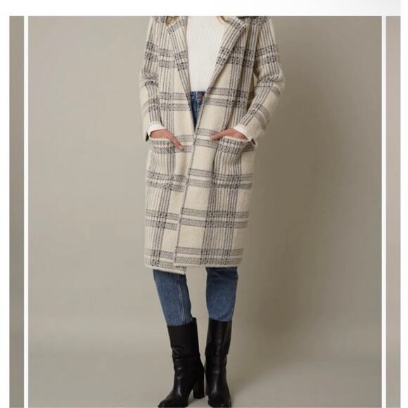 Cyrus Cream Gray Plaid Open Front Duster Length Sweater Coat New Sz Small - Picture 1 of 16